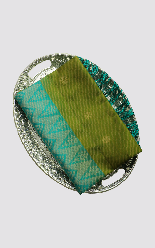 Pure Soft Silk Saree Mehendi Green and Emerald Green with zari woven  floral buttas in Borderless style