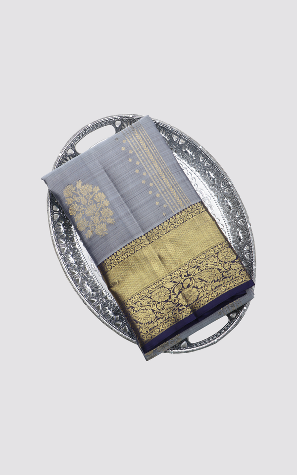 Grey and Navy Blue Pure Silk Saree
