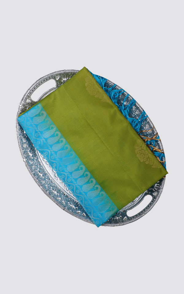 Pure Soft Silk Saree Mehendi Green and Sea Blue with zari buttas