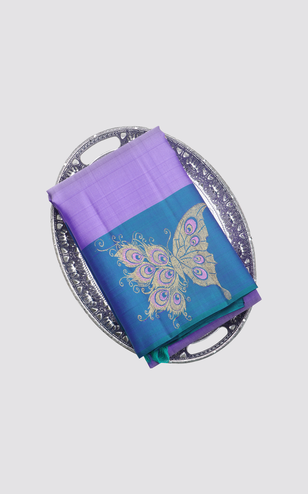 Lilac and Peacock Blue Pure Silk Saree