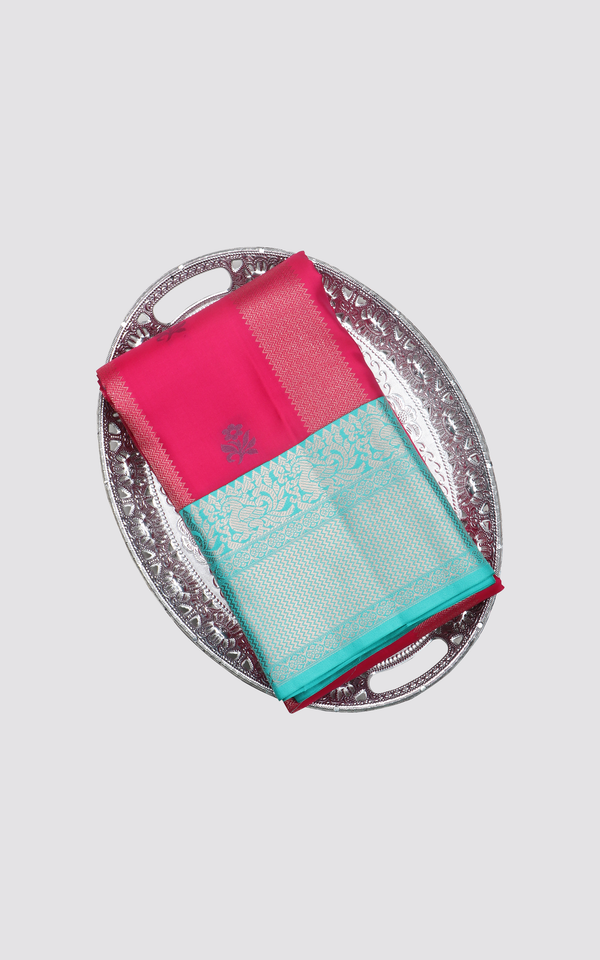 Deep Pink and Teal Pure Silk Saree