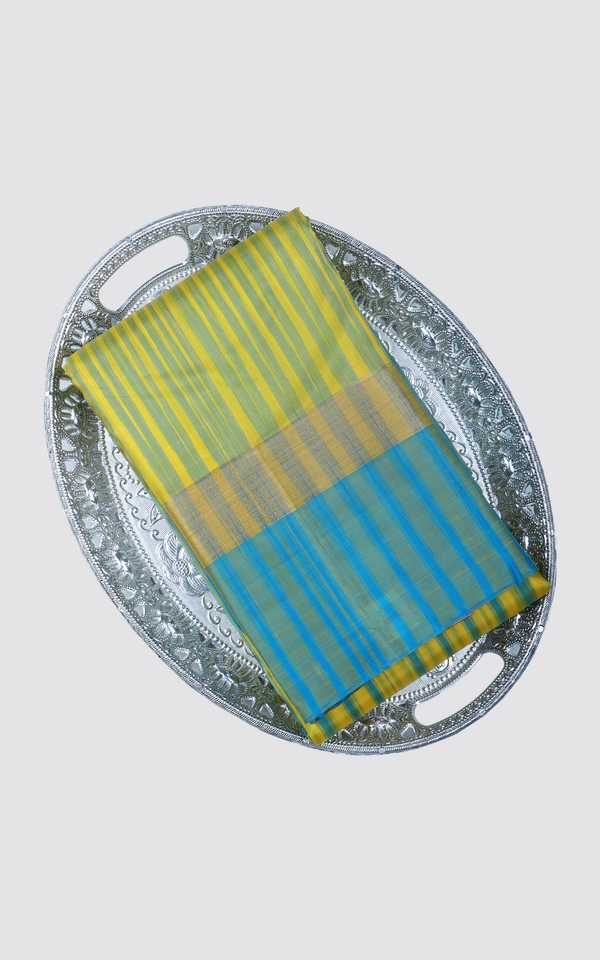Pure Silk Saree Lime Yellow and Blue with zari woven buttas