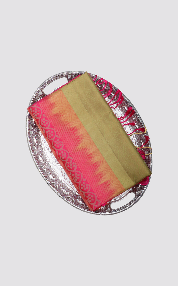 Olive Green and Pink Pure Soft Silk Saree