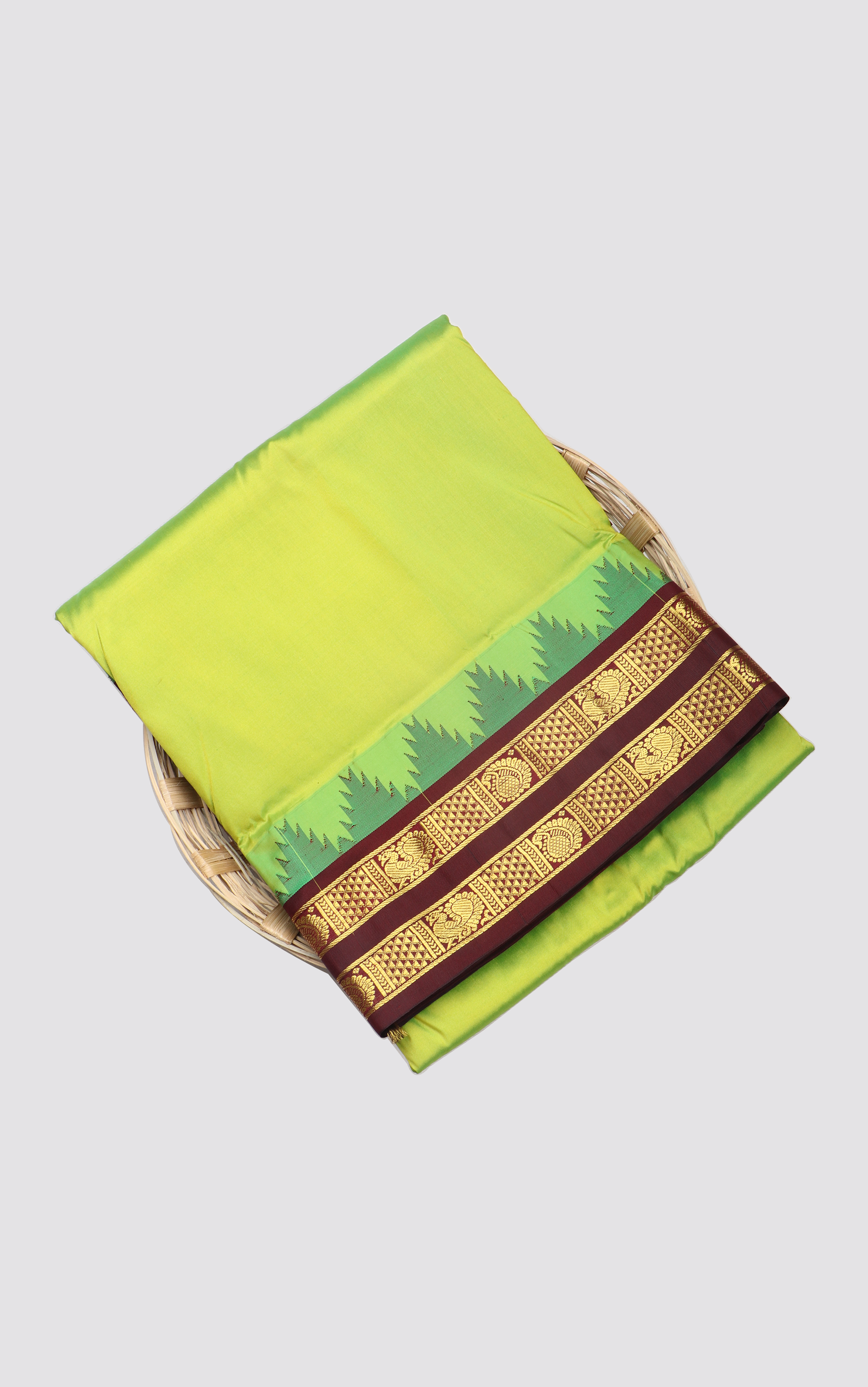 Lime Green and Maroon 9 Yards Pure Silk Saree