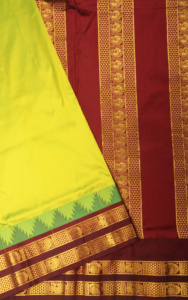 Lime Green and Maroon 9 Yards Pure Silk Saree