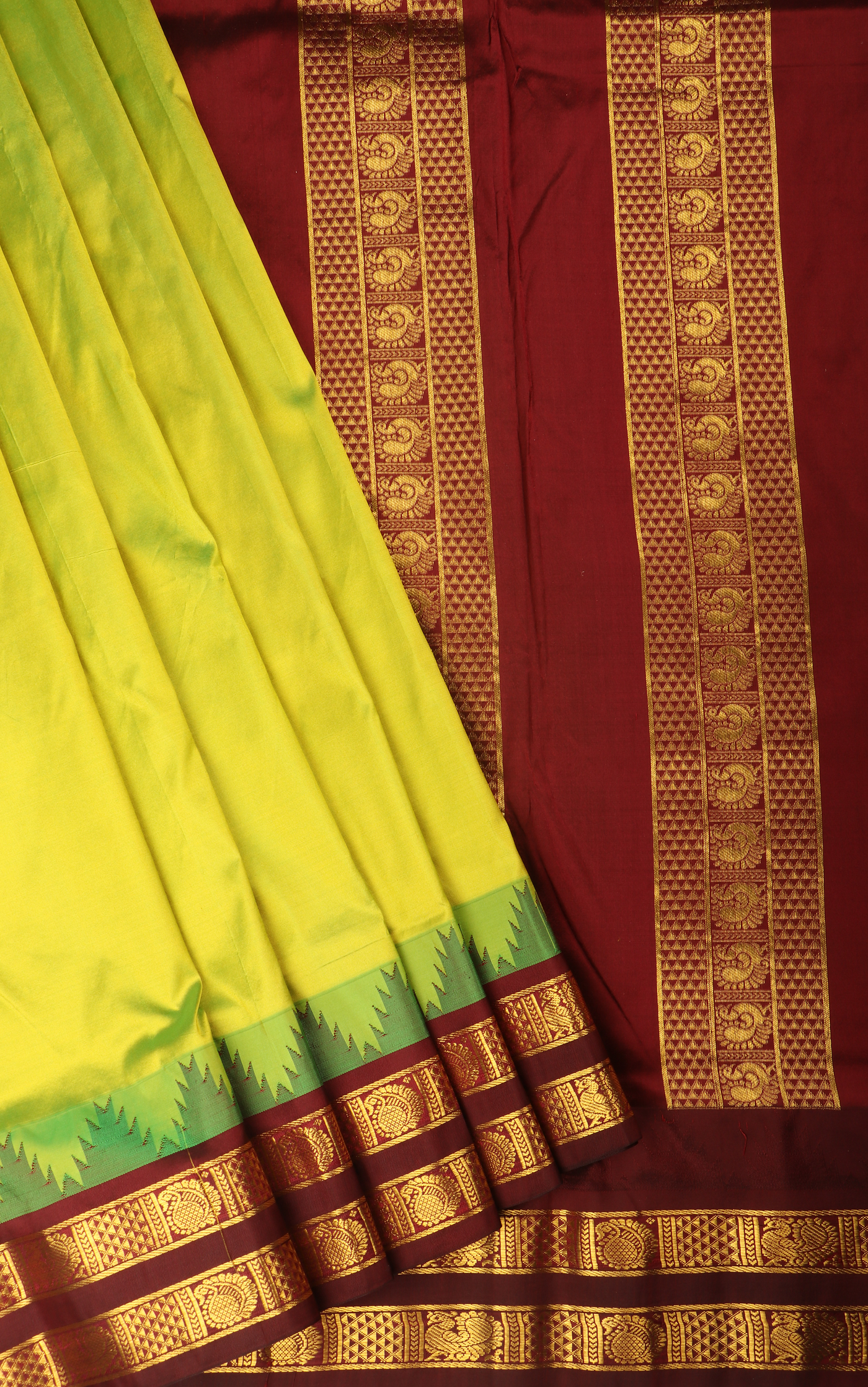 Lime Green and Maroon 9 Yards Pure Silk Saree