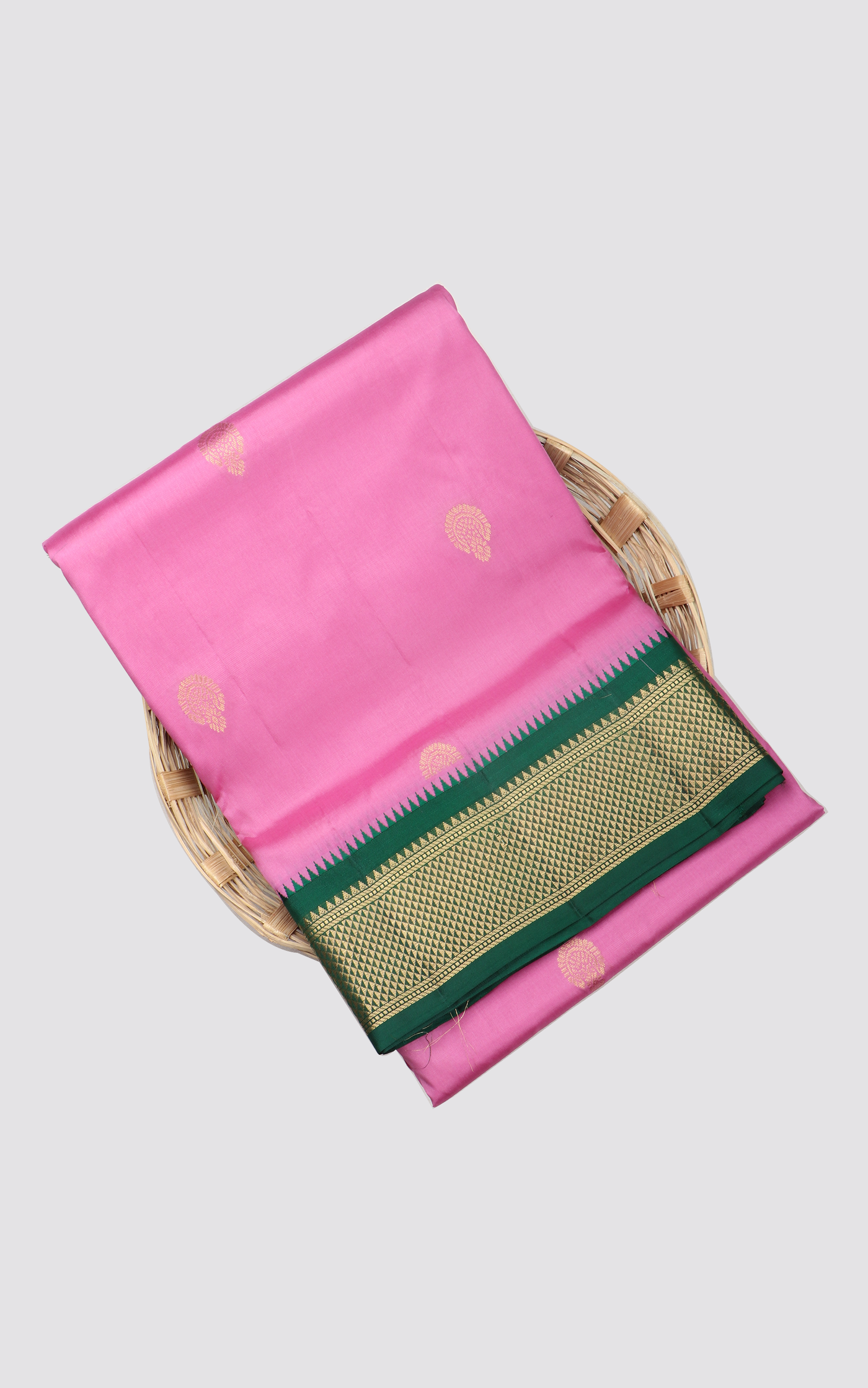 Lotus Pink and Dark Green 9 Yards Pure Silk Saree
