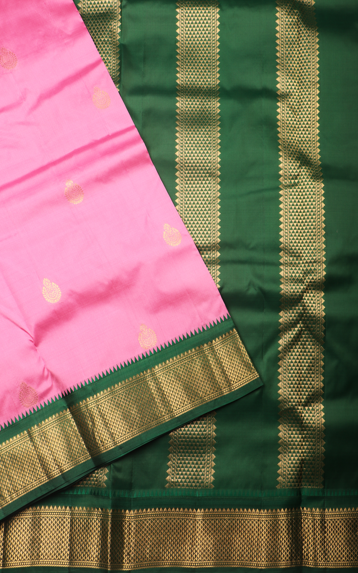 Lotus Pink and Dark Green 9 Yards Pure Silk Saree