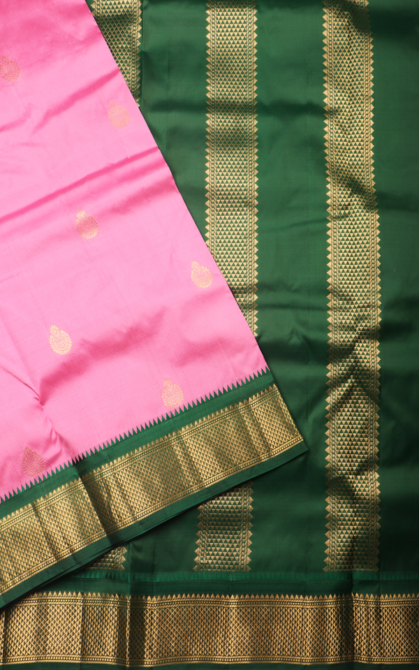 Lotus Pink and Dark Green 9 Yards Pure Silk Saree