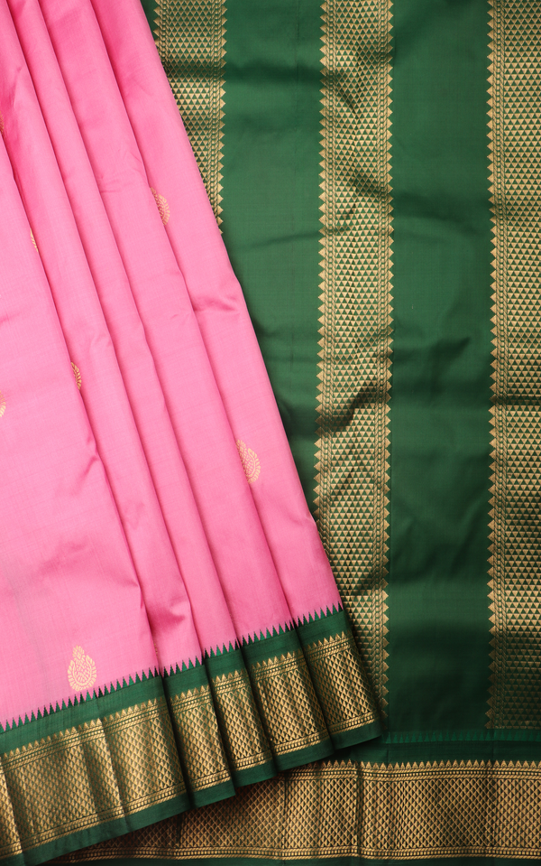 Lotus Pink and Dark Green 9 Yards Pure Silk Saree