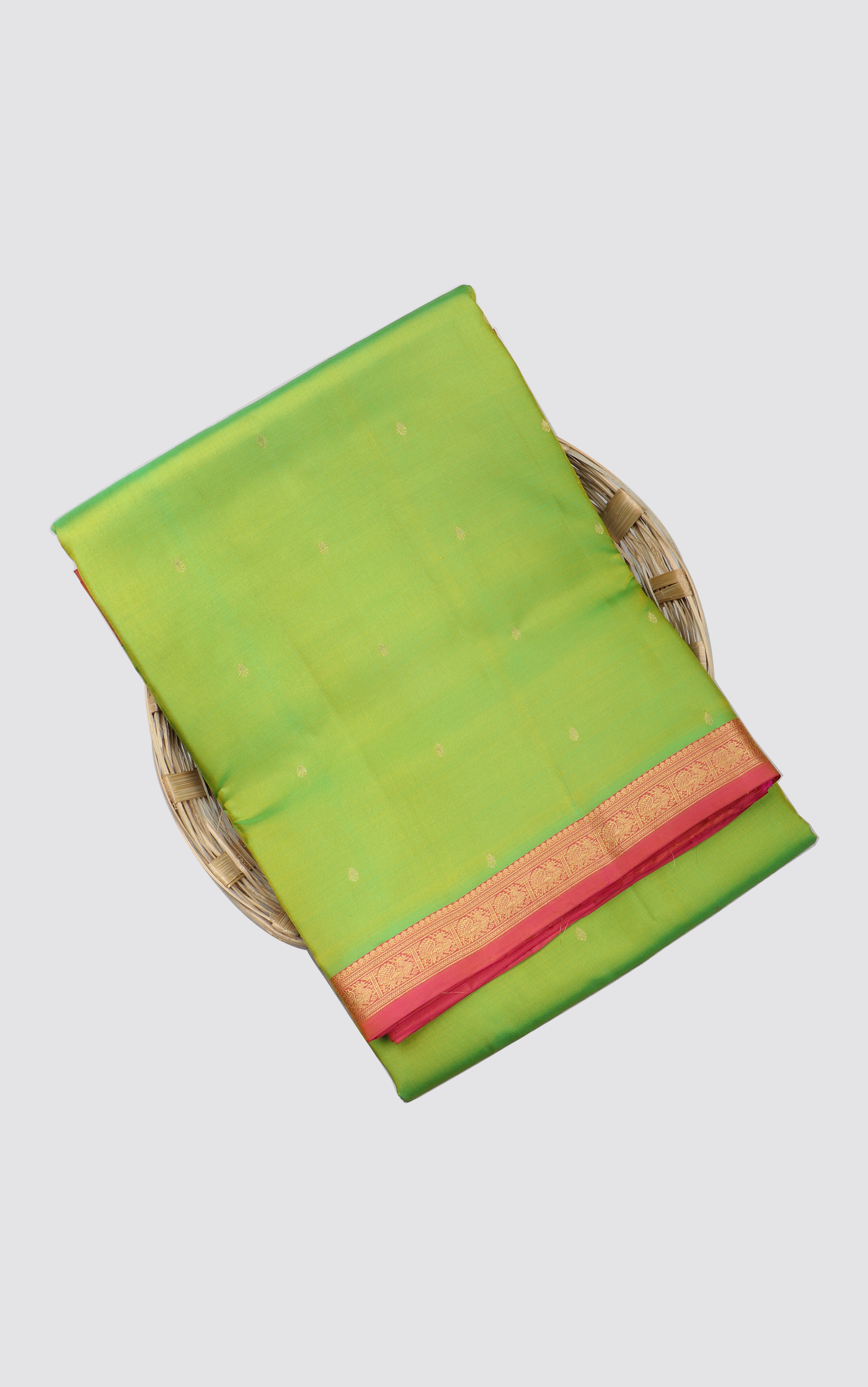 Light Green and Brick 9 Yards Pure Silk Saree