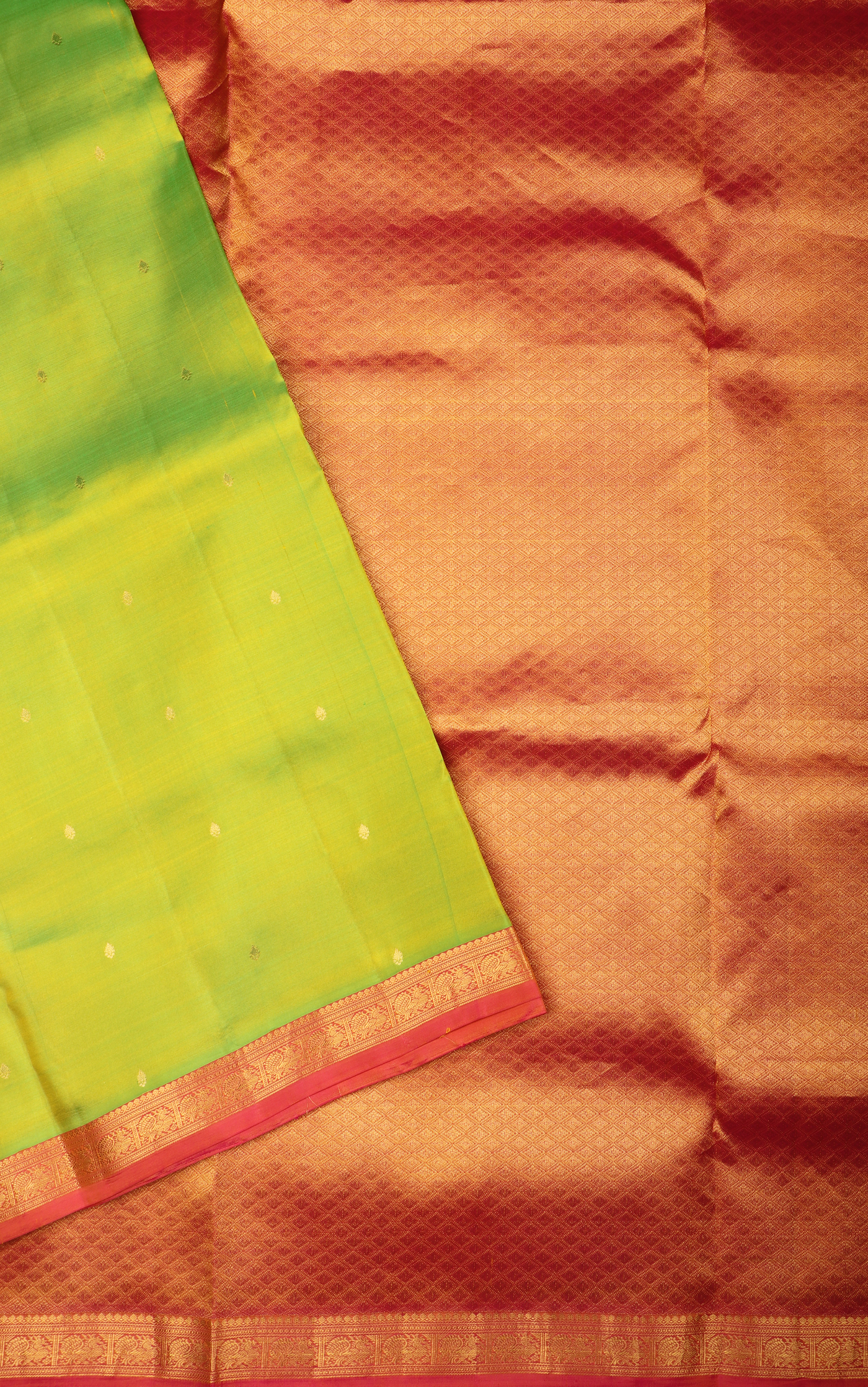 Light Green and Brick 9 Yards Pure Silk Saree