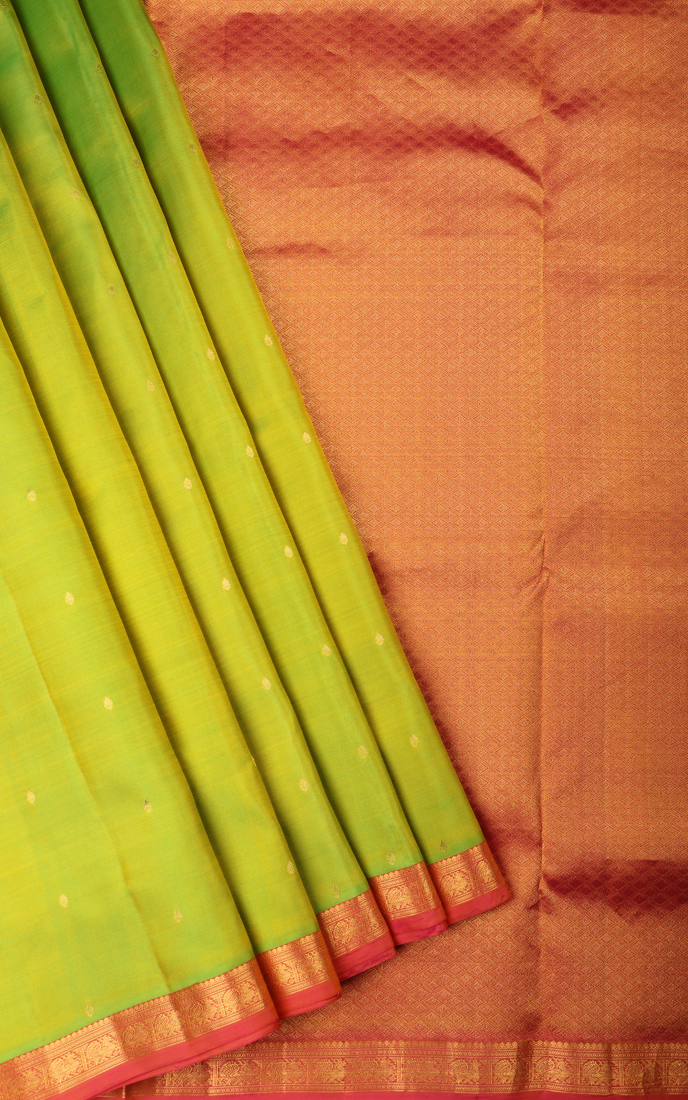 Light Green and Brick 9 Yards Pure Silk Saree