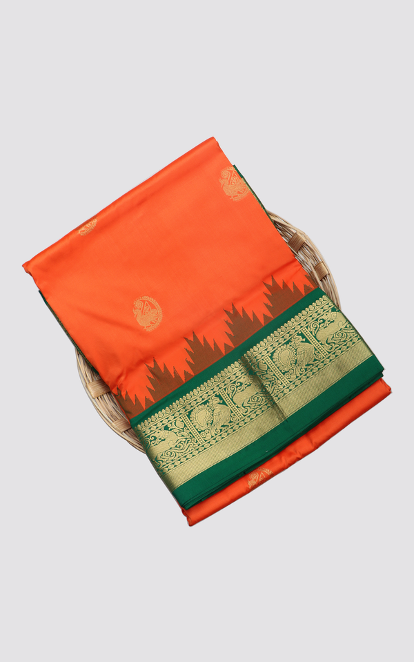 Orange and Green 10 Yards Pure Silk Saree