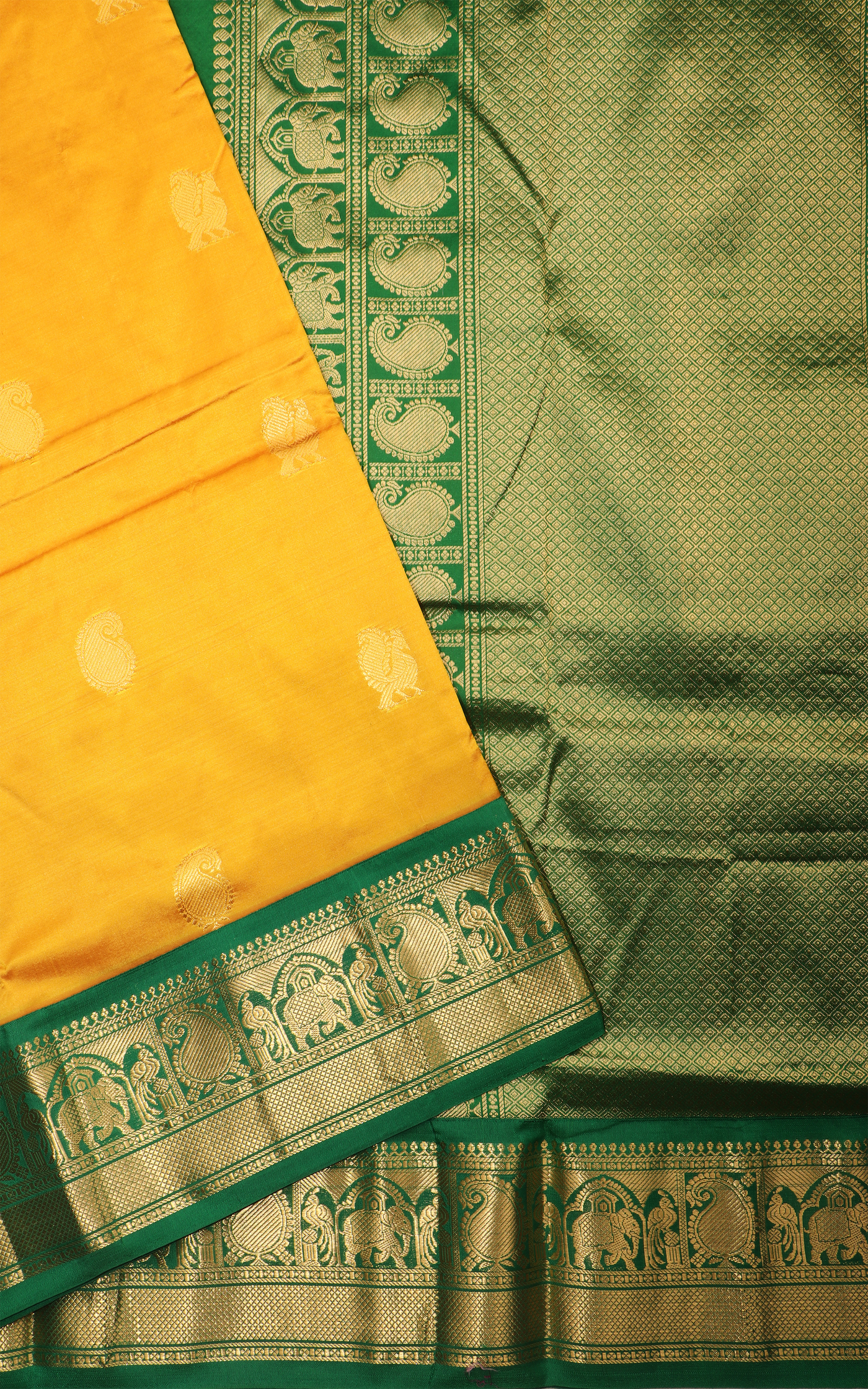 Mustard Yellow and Green 10 Yards Pure Silk Saree