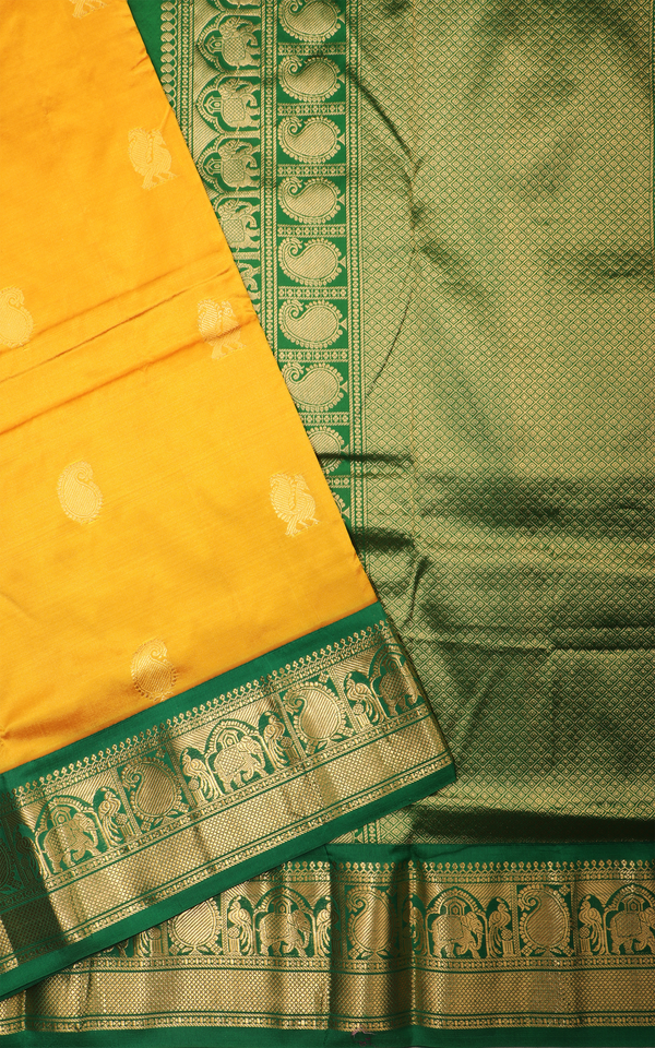 Mustard Yellow and Green 10 Yards Pure Silk Saree