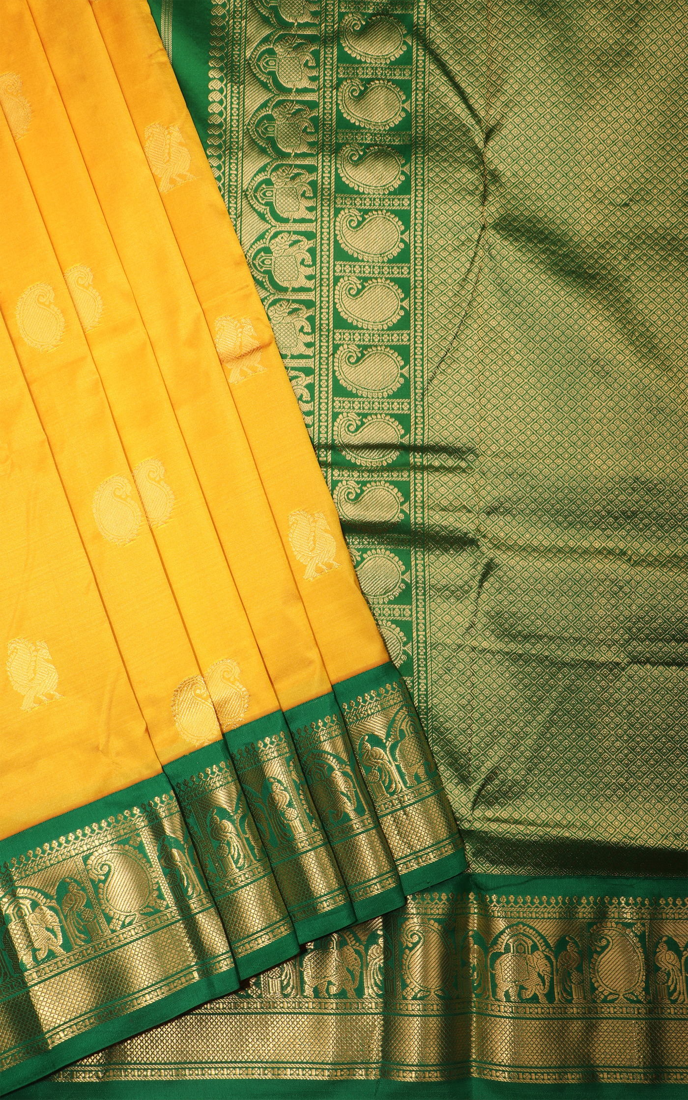 Mustard Yellow and Green 10 Yards Pure Silk Saree