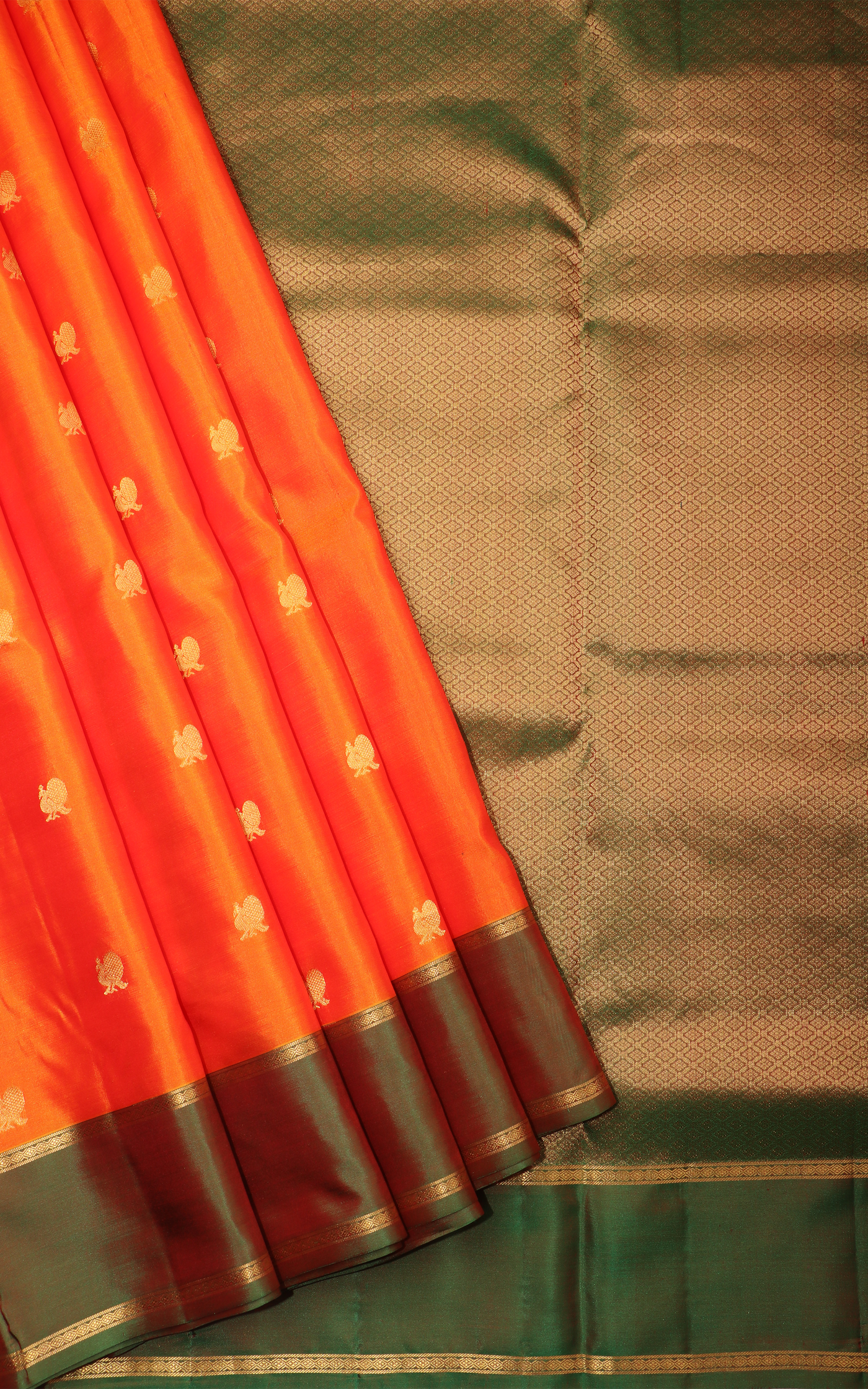 Orange and Green 9 Yards Pure Silk Saree