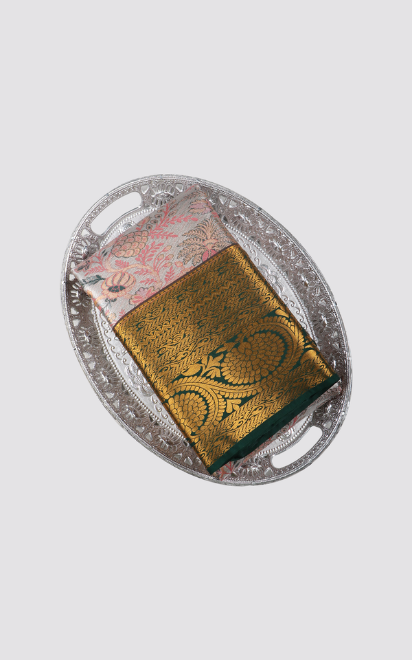 Semi - Tissue Silk Saree Pastel Gray Shade with allover Floral Zari Brocade Weaves & zari woven Green Border