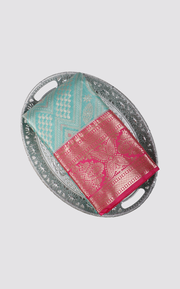 Semi - Tissue Silk Saree Teal Green with allover Zari Brocade Weaves & zari woven Magenta Pink Border