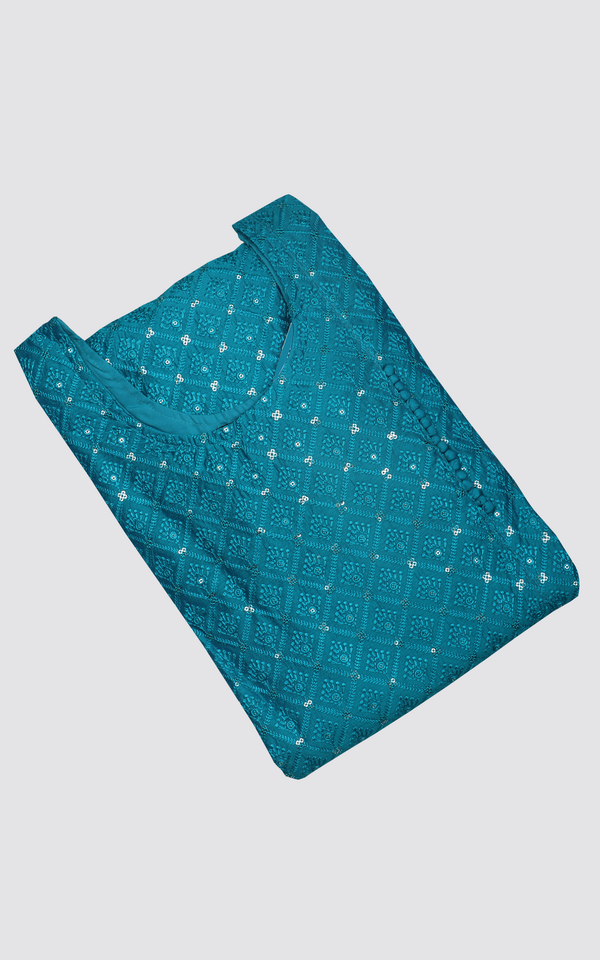Peacock Blue & Off White - Embroidered Kurta with Skirt