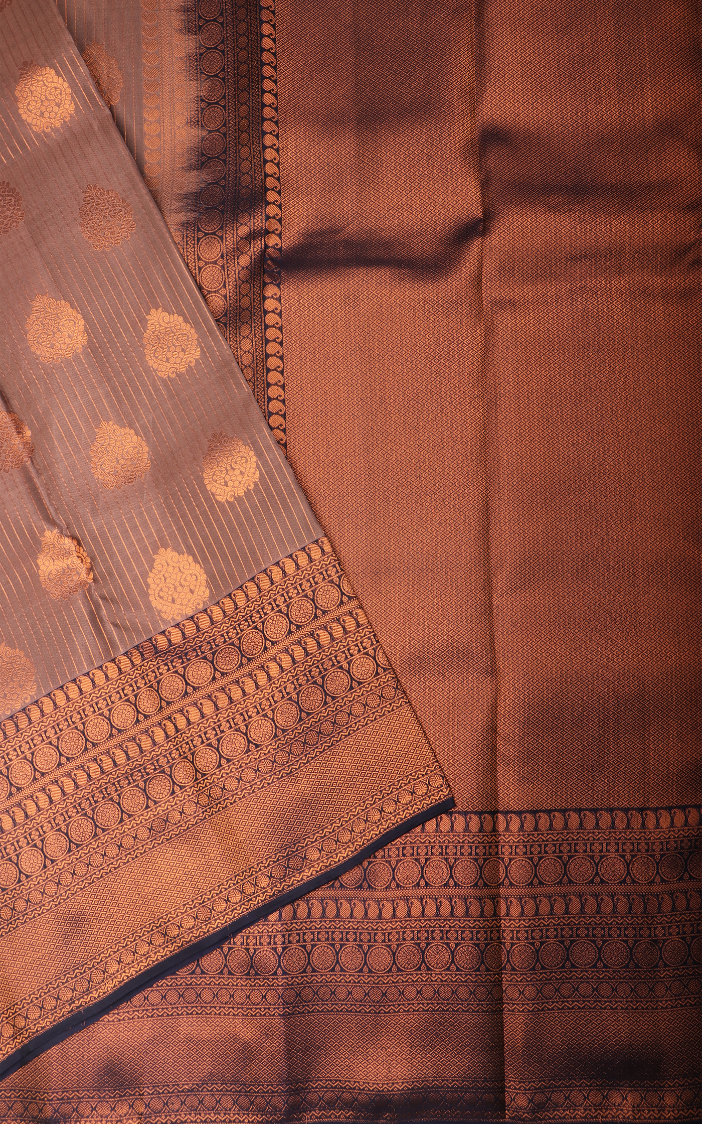 Brown and Navy Blue Semi Kanjivaram Silk Saree