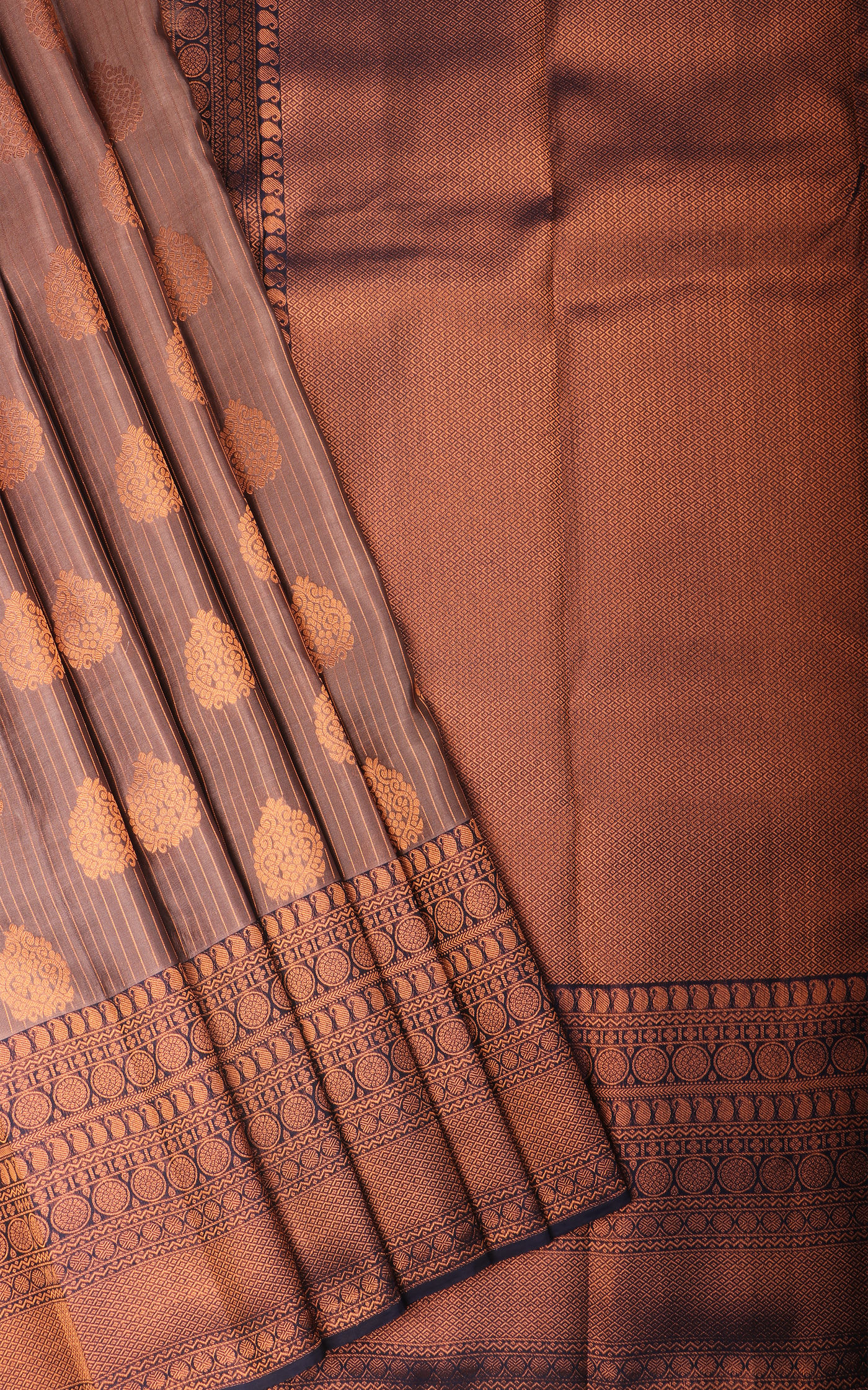 Brown and Navy Blue Semi Kanjivaram Silk Saree