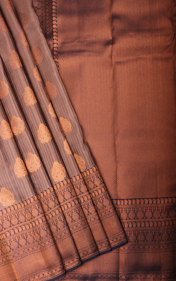Brown and Navy Blue Semi Kanjivaram Silk Saree