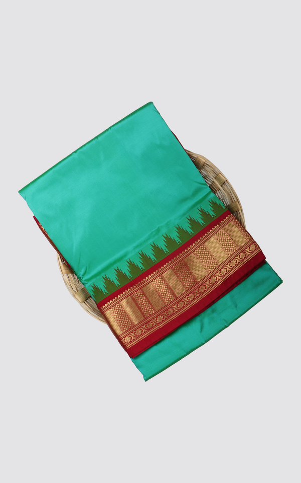 Teal Green and Maroon 10 Yards Pure Silk Saree