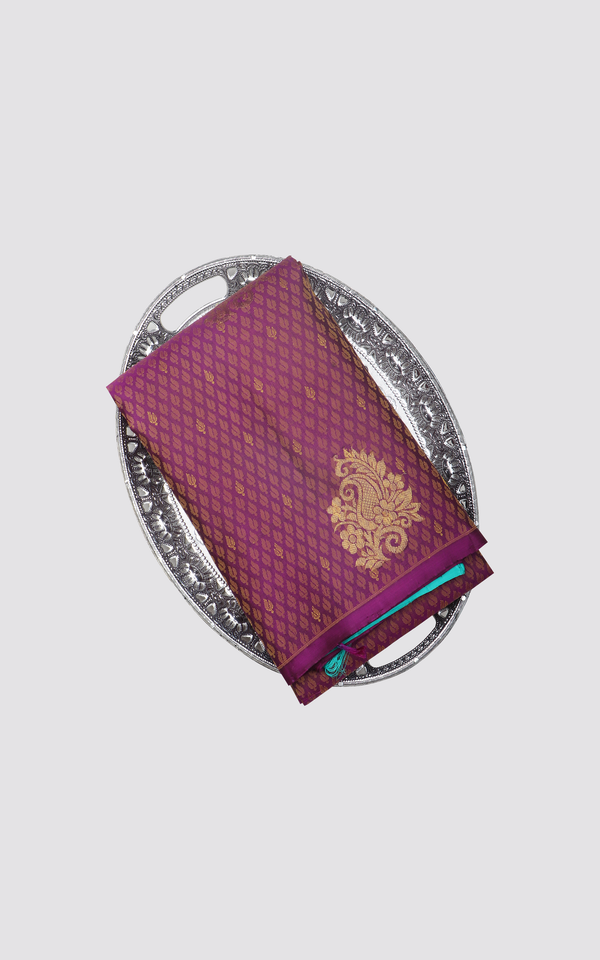Deep Wine and Teal Green Pure Silk Saree