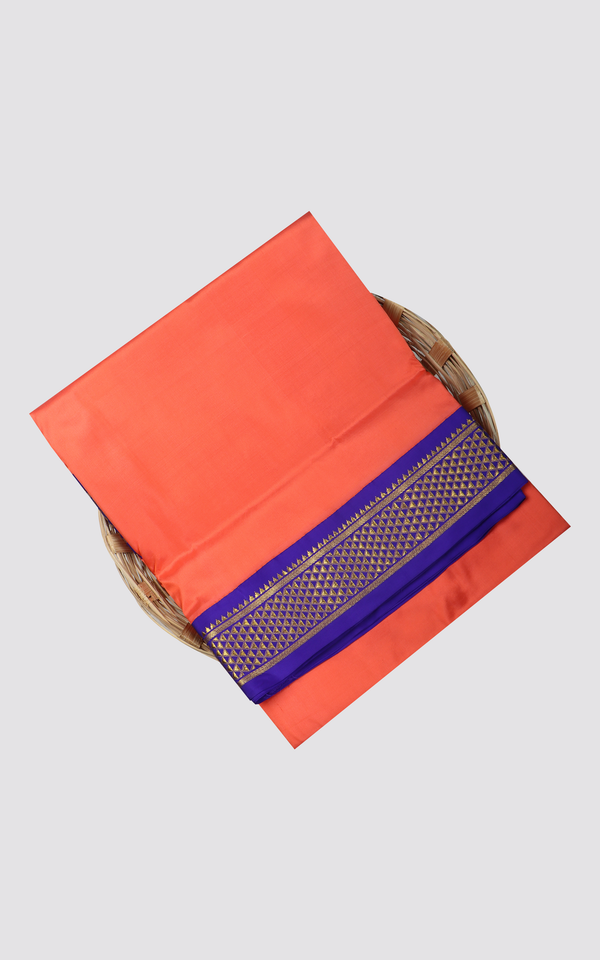 Peachish Orange and Dark Blue 10 Yards Pure Silk Saree