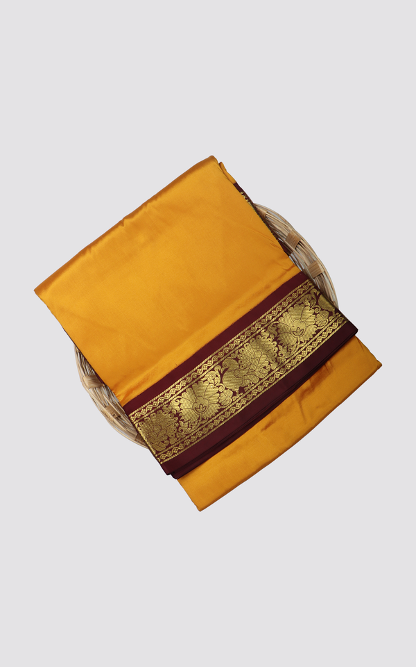 Mango Yellow and Maroon 10 Yards Pure Silk Saree