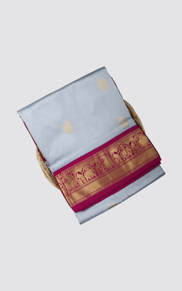 Grey and Dark Pink 10 Yards Pure Silk Saree