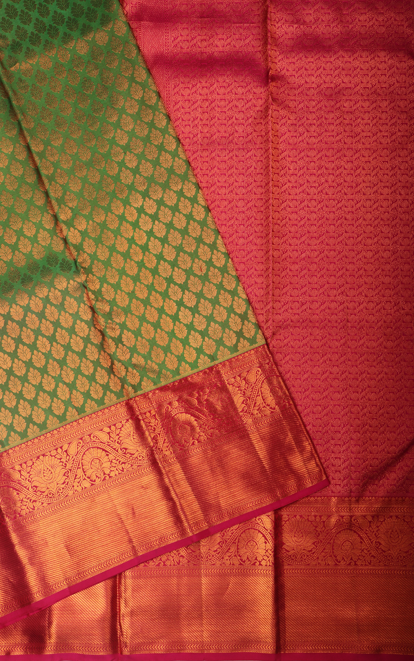 Pure Kanjivaram Silk Saree Light Green and Pink with allover Zari Brocade Weaves and Zari Woven Border