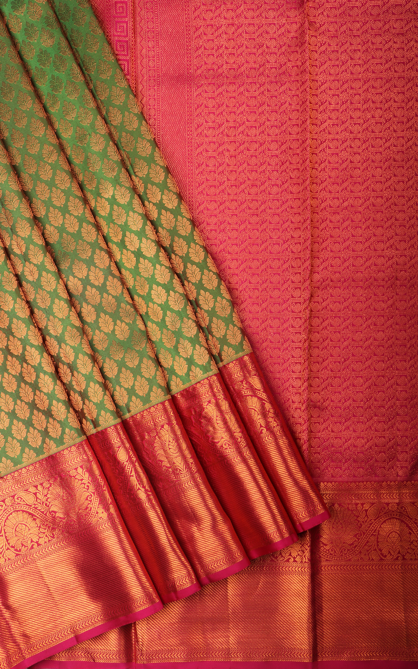 Pure Kanjivaram Silk Saree Light Green and Pink with allover Zari Brocade Weaves and Zari Woven Border