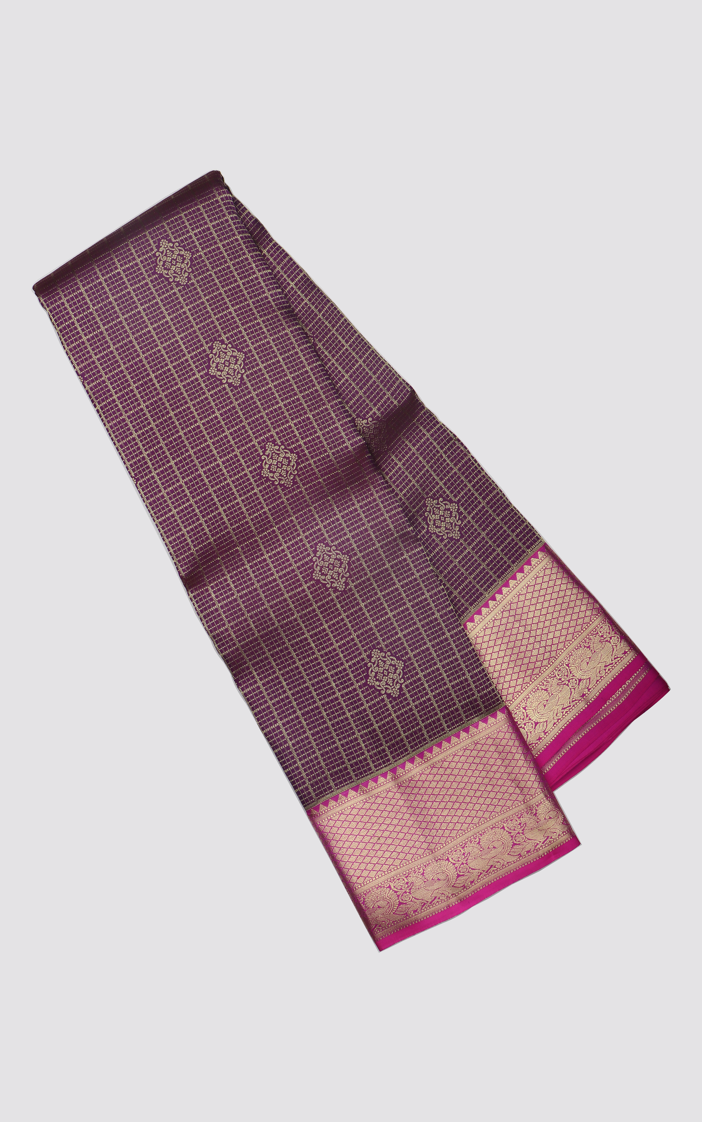 Pure Kanjivaram Silk Saree Brown and Pink with allover Zari Checks & Zari Buttas and Zari Woven Border