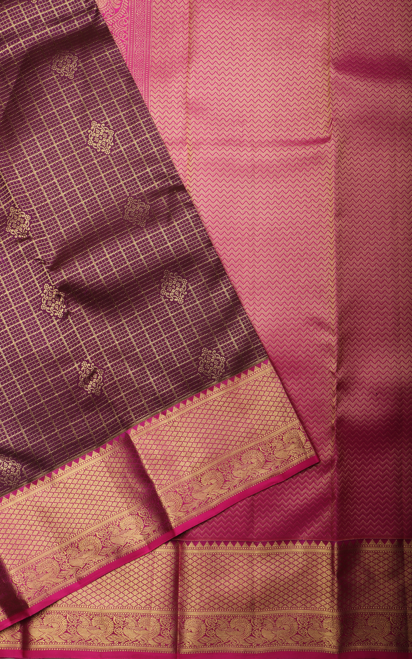 Pure Kanjivaram Silk Saree Brown and Pink with allover Zari Checks & Zari Buttas and Zari Woven Border