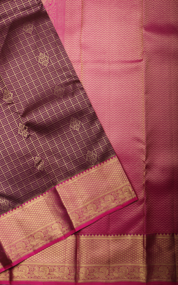 Pure Kanjivaram Silk Saree Brown and Pink with allover Zari Checks & Zari Buttas and Zari Woven Border