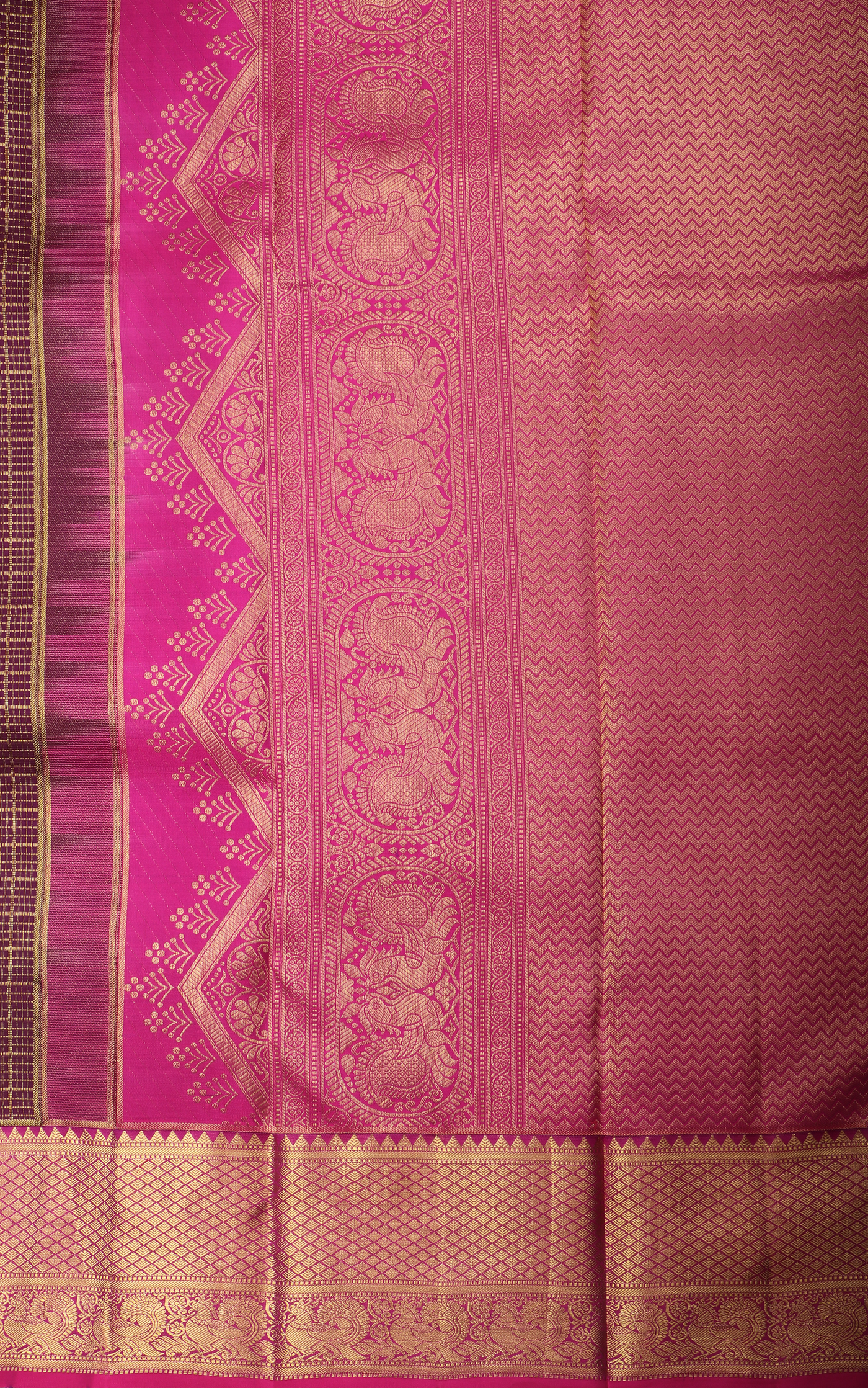 Pure Kanjivaram Silk Saree Brown and Pink with allover Zari Checks & Zari Buttas and Zari Woven Border