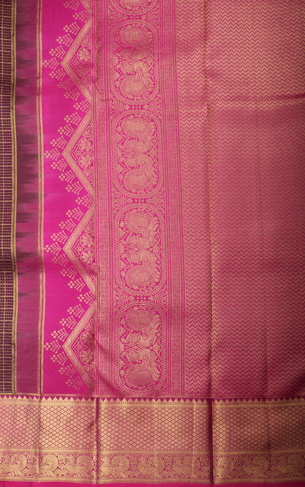 Pure Kanjivaram Silk Saree Brown and Pink with allover Zari Checks & Zari Buttas and Zari Woven Border