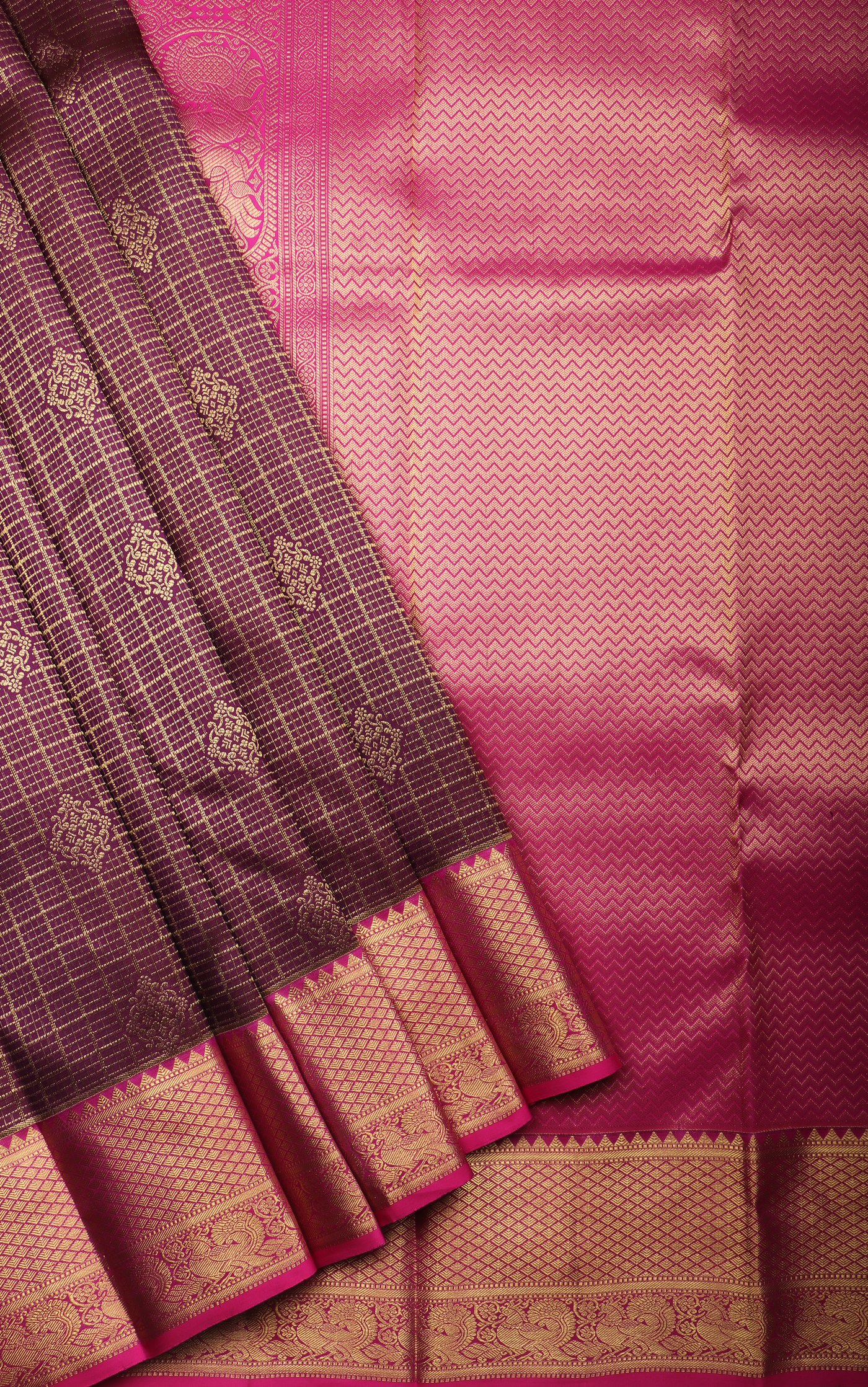 Pure Kanjivaram Silk Saree Brown and Pink with allover Zari Checks & Zari Buttas and Zari Woven Border