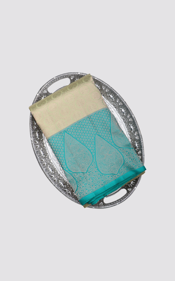 Pure Kanjivaram Silk Saree Dual Shade of Green with Allover Zari Brocade Weaves and Zari Woven Border