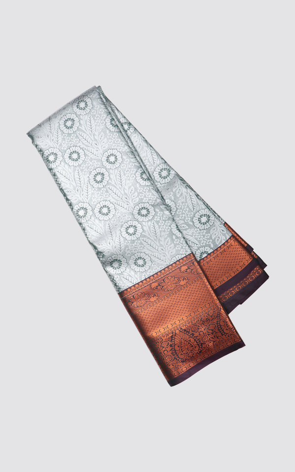 Vichitra Silk Saree Pastel Green and Wine with Allover Zari Brocade Weaves & Zari Woven Border