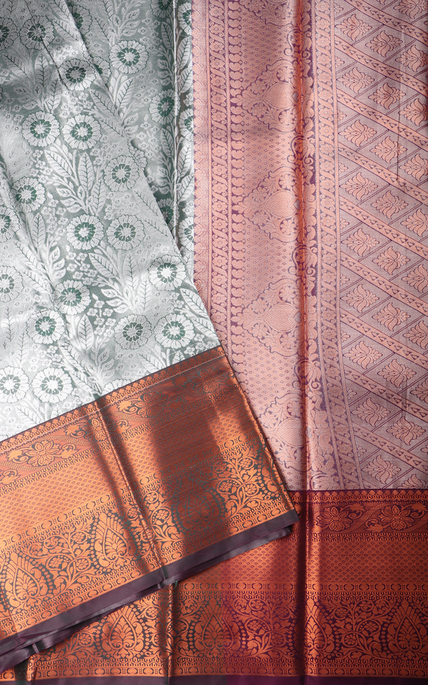 Vichitra Silk Saree Pastel Green and Wine with Allover Zari Brocade Weaves & Zari Woven Border