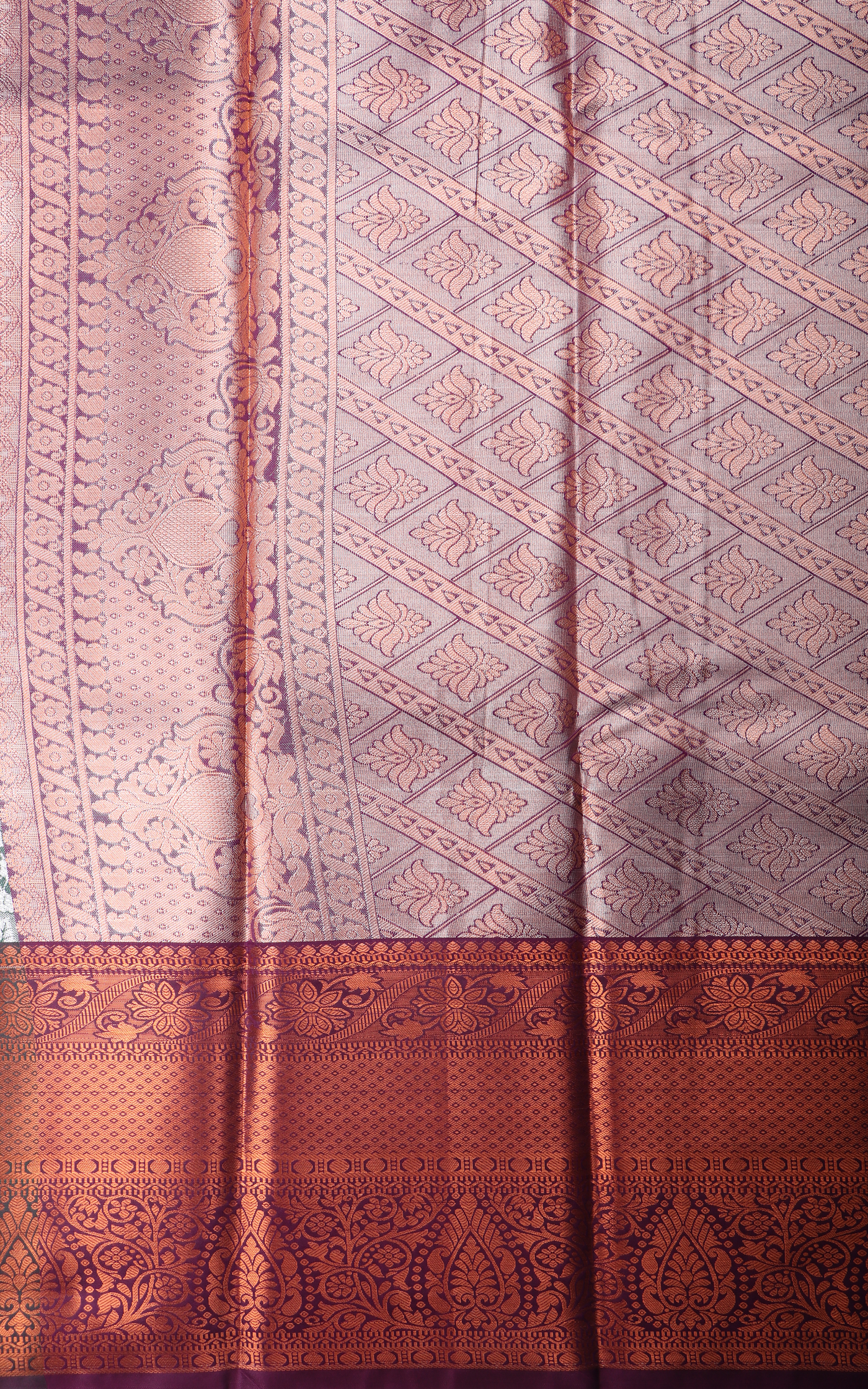 Vichitra Silk Saree Pastel Green and Wine with Allover Zari Brocade Weaves & Zari Woven Border