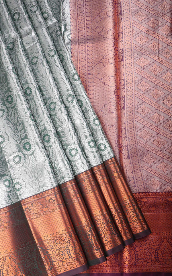 Vichitra Silk Saree Pastel Green and Wine with Allover Zari Brocade Weaves & Zari Woven Border