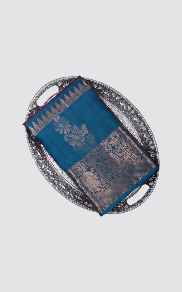 Semi Kanjivaram Silk Saree Peacock Blue and Maroon with subtle zari woven buttas & zari woven Border