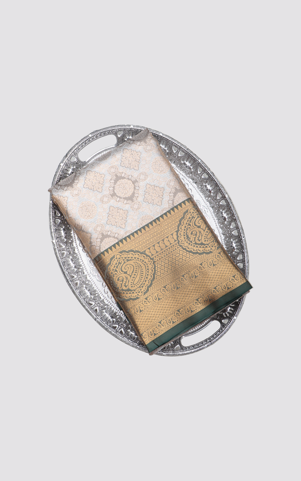 Vichitra Silk Saree Pastel Grey and Green Shade with Allover Zari Brocade Weaves and Zari Woven Border