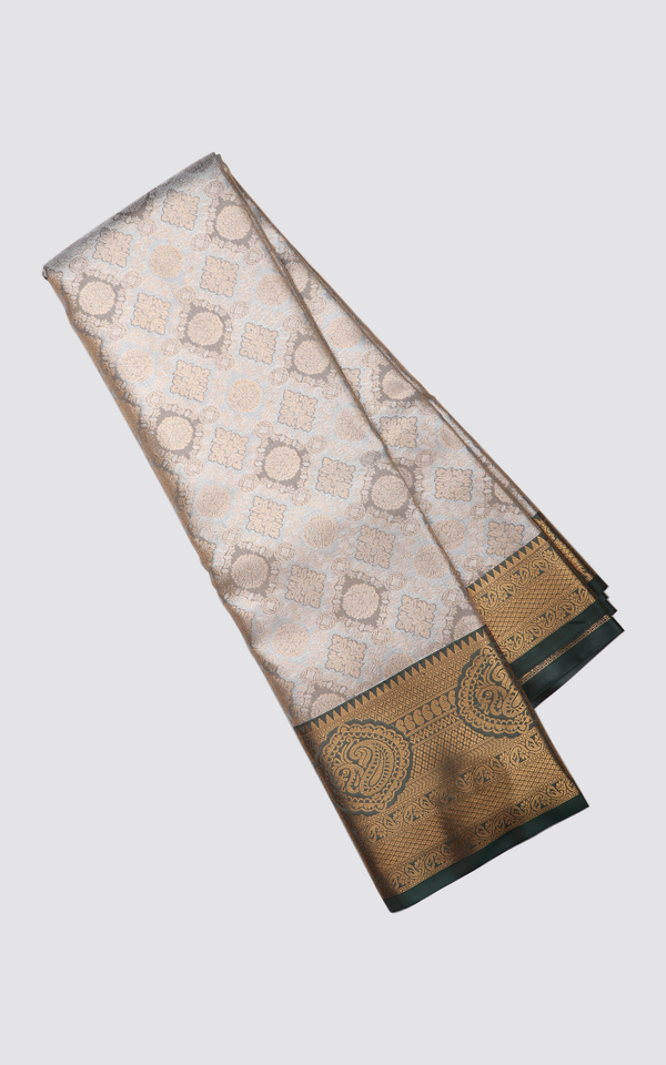 Vichitra Silk Saree Pastel Grey and Green Shade with Allover Zari Brocade Weaves and Zari Woven Border