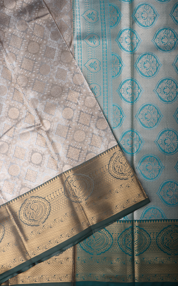 Vichitra Silk Saree Pastel Grey and Green Shade with Allover Zari Brocade Weaves and Zari Woven Border